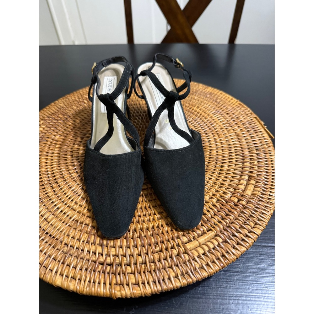 Studio Roma Black Suede Slingback Pumps T-Strap Block Heel Brazil Size 6.5 36